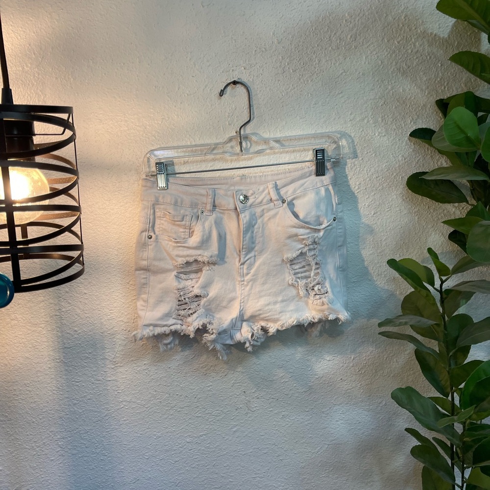 Distressed White Denim Shorts